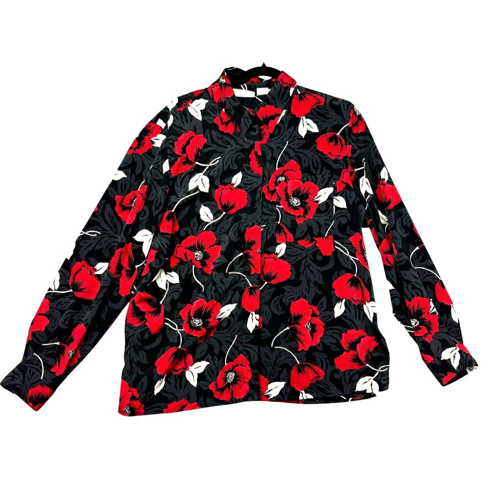 Alfred Dunner Top Women's 16 Black Red Floral Long Sleeve Shoulder Pads Cute VTG